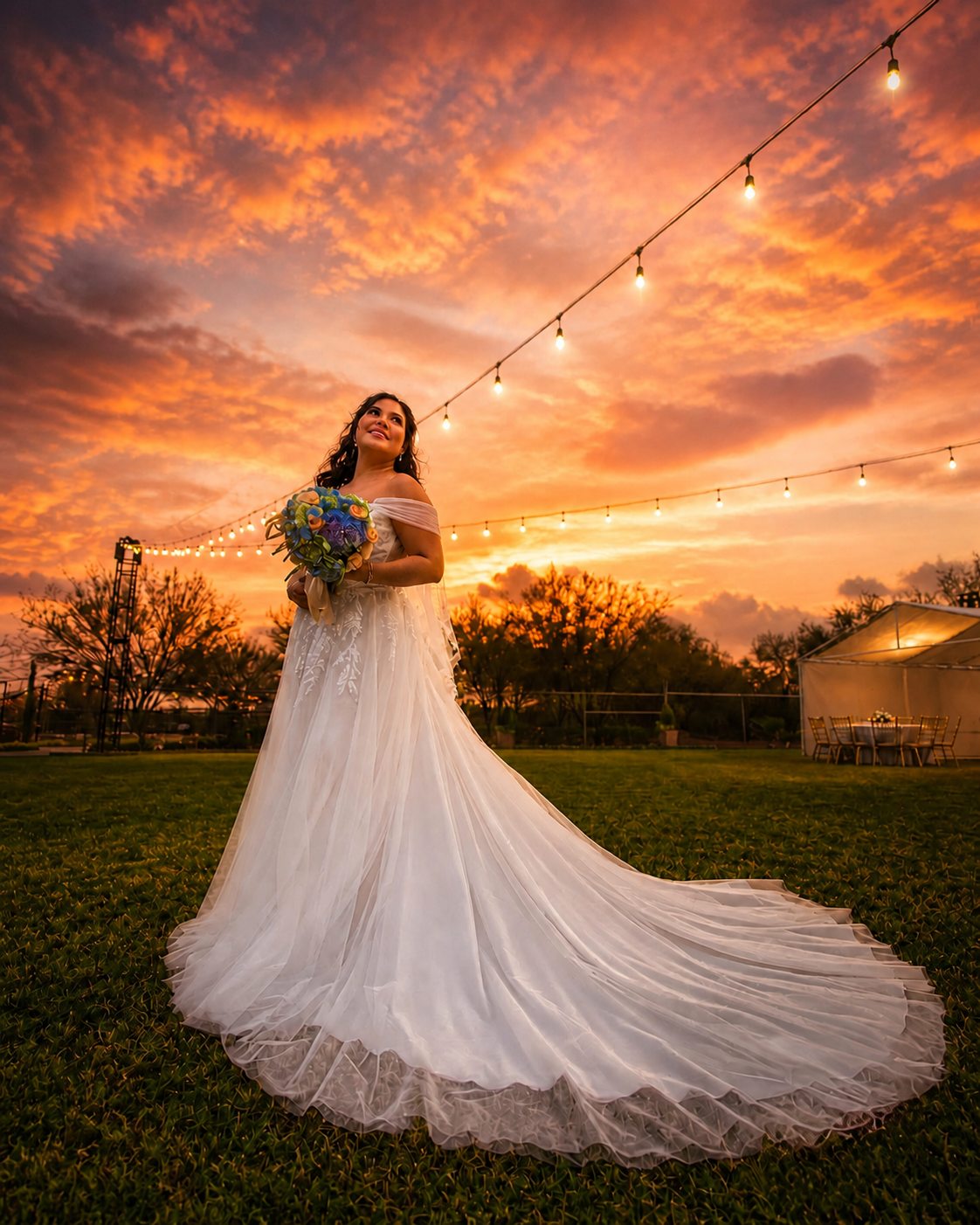 Novia en jardín para bodas al atardecer en Hermosillo