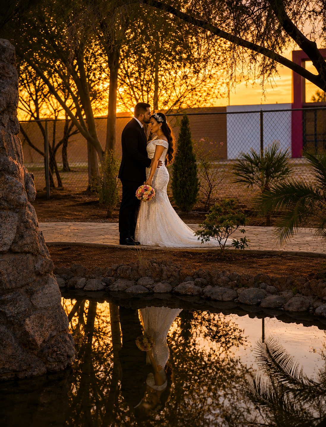 Jardín para fiestas iluminado por el atardecer