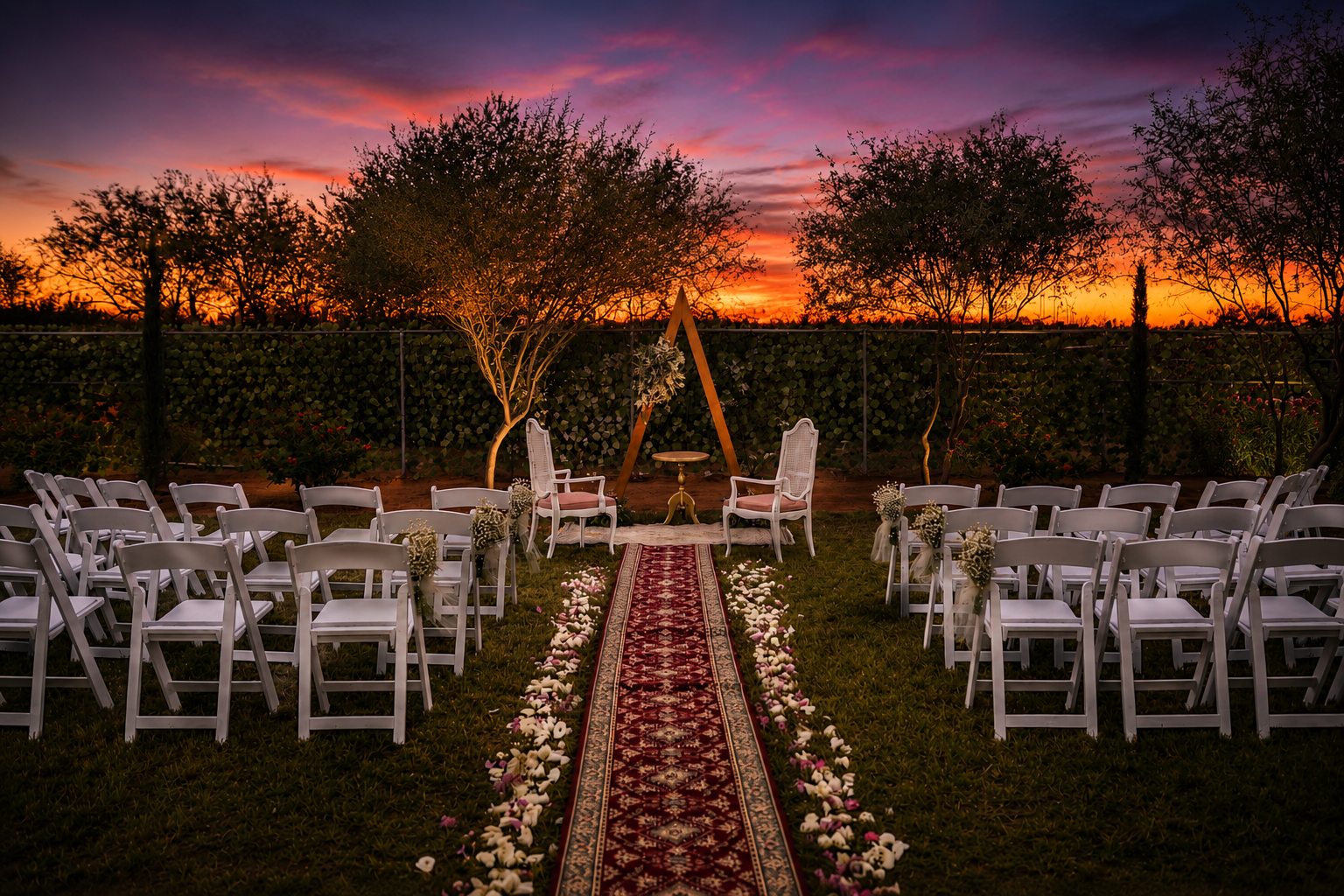 Montaje de banquete para boda con copas y luces